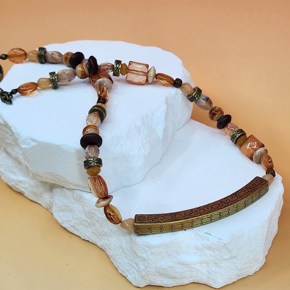 Napier Vintage Boho Mixed Bead Necklace Amber & Gold Tone Brown Statement Gift